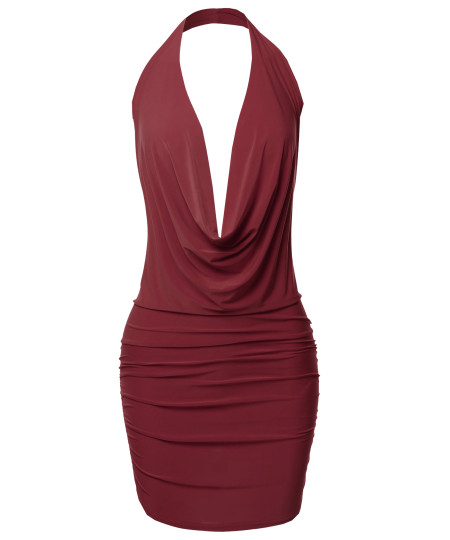 Women's Sexy Halter Neck Ruched Bodycon Backless Party Cocktail Mini Dress