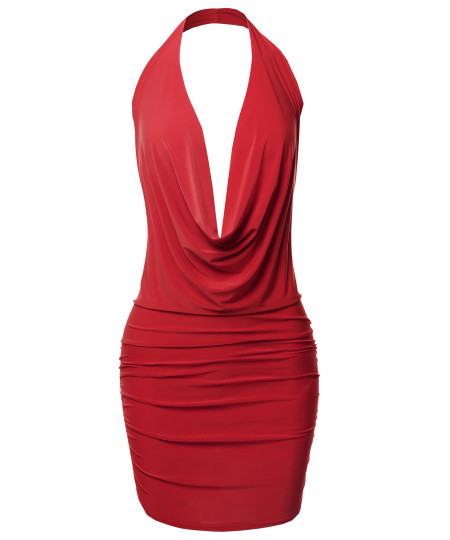 Women's Sexy Halter Neck Ruched Bodycon Backless Party Cocktail Mini Dress