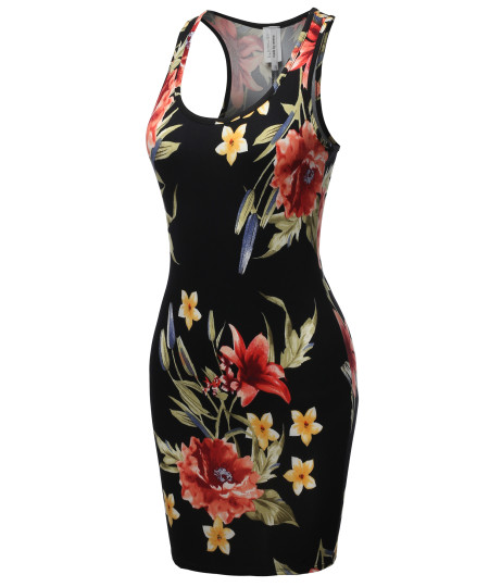 Women's Fitted  Floral or Camouflage Printed Sexy Body-Con Racer-Back Fitted Dress