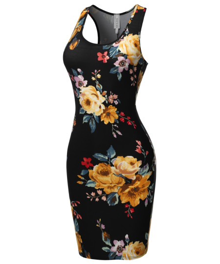 Women's Fitted  Floral or Camouflage Printed Sexy Body-Con Racer-Back Fitted Dress