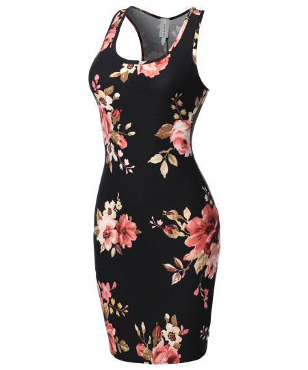 Women's Fitted  Floral or Camouflage Printed Sexy Body-Con Racer-Back Fitted Dress