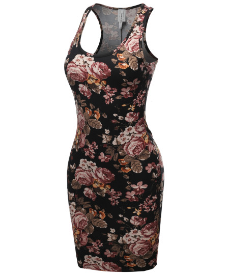 Women's Fitted  Floral or Camouflage Printed Sexy Body-Con Racer-Back Fitted Dress