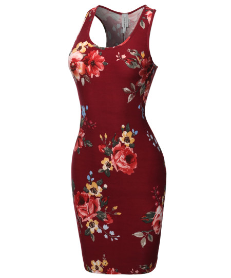 Women's Fitted  Floral or Camouflage Printed Sexy Body-Con Racer-Back Fitted Dress