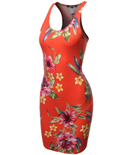 Women's Fitted  Floral or Camouflage Printed Sexy Body-Con Racer-Back Fitted Dress