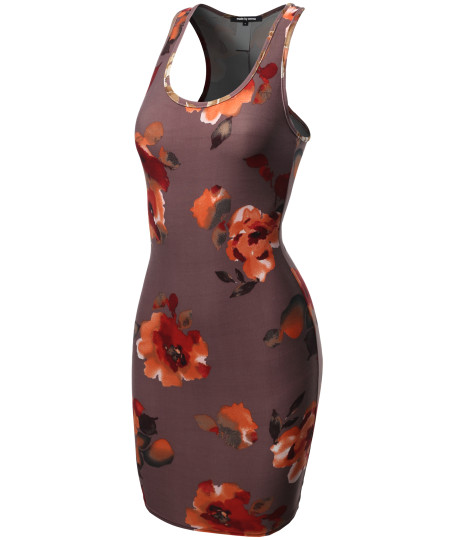 Women's Fitted  Floral or Camouflage Printed Sexy Body-Con Racer-Back Fitted Dress