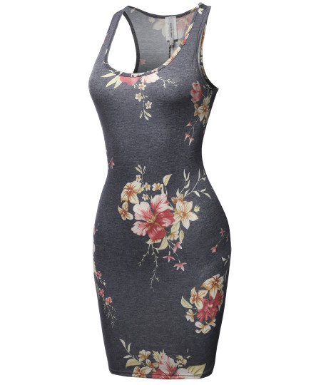Women's Fitted  Floral or Camouflage Printed Sexy Body-Con Racer-Back Fitted Dress