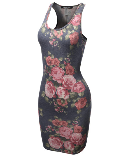 Women's Fitted  Floral or Camouflage Printed Sexy Body-Con Racer-Back Fitted Dress