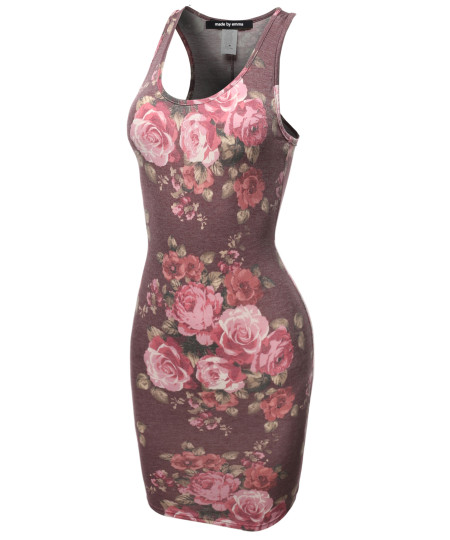 Women's Fitted  Floral or Camouflage Printed Sexy Body-Con Racer-Back Fitted Dress