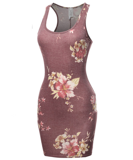 Women's Fitted  Floral or Camouflage Printed Sexy Body-Con Racer-Back Fitted Dress