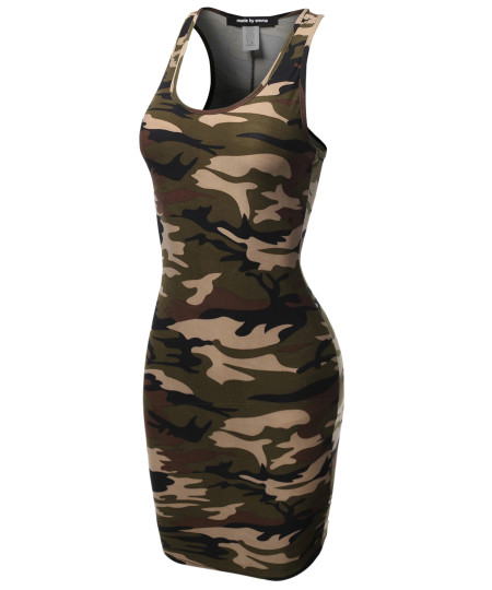 Women's Fitted  Floral or Camouflage Printed Sexy Body-Con Racer-Back Fitted Dress