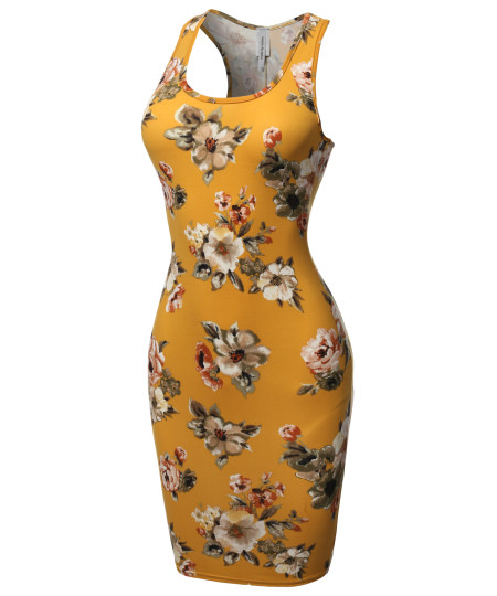 Women's Fitted  Floral or Camouflage Printed Sexy Body-Con Racer-Back Fitted Dress