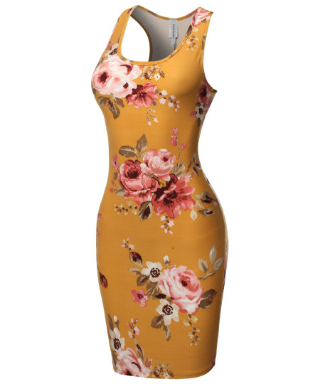 Women's Fitted  Floral or Camouflage Printed Sexy Body-Con Racer-Back Fitted Dress