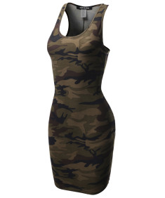 Women's Fitted  Floral or Camouflage Printed Sexy Body-Con Racer-Back Fitted Dress