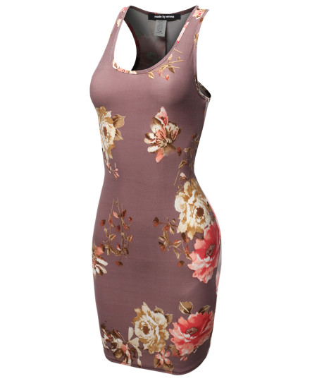 Women's Fitted  Floral or Camouflage Printed Sexy Body-Con Racer-Back Fitted Dress