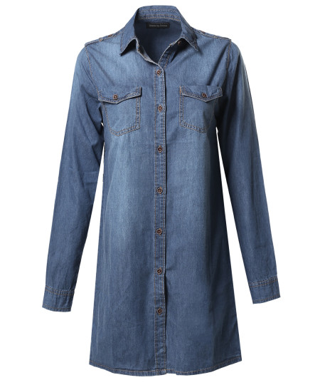 Women's Denim Loose Fit Button Up Chest Pockets Dress Shirts