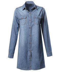 Women's Denim Loose Fit Button Up Chest Pockets Dress Shirts