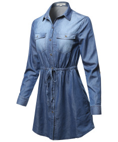 Women's Denim Roll-Up Long Sleeve Button Down Elastic Waist Band Drawstring Dress Top