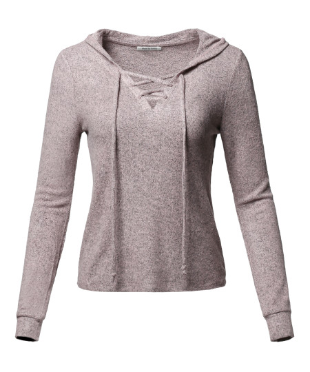 Women's Two Tone Crisscross Lace Up Long Sleeve Hoodie