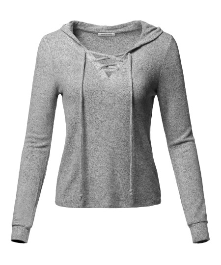 Women's Two Tone Crisscross Lace Up Long Sleeve Hoodie