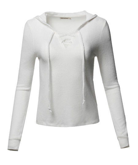 Women's Two Tone Crisscross Lace Up Long Sleeve Hoodie