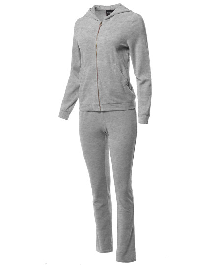 Women's Solid Soft Velvet Zip-Up Hoodie Workout Sweatpants Set