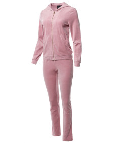 Women's Solid Soft Velvet Zip-Up Hoodie Workout Sweatpants Set