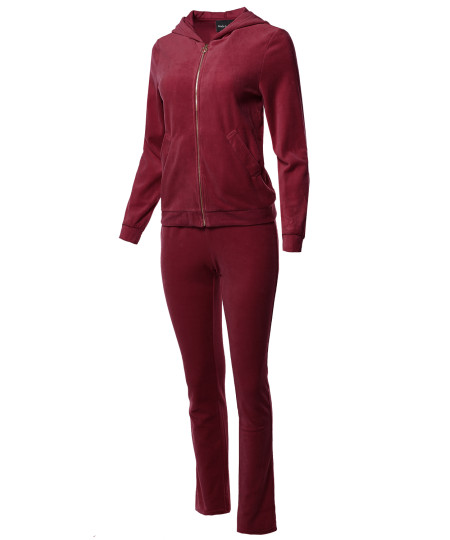 Women's Solid Soft Velvet Zip-Up Hoodie Workout Sweatpants Set