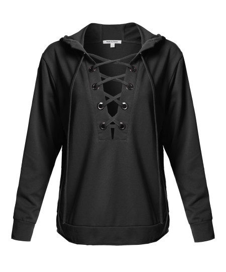 Women's Casual Solid Long Sleeve Front Lace Neck French Terry Hoodie