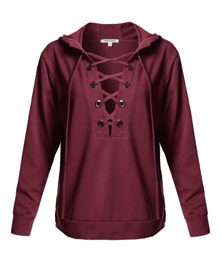 Women's Casual Solid Long Sleeve Front Lace Neck French Terry Hoodie