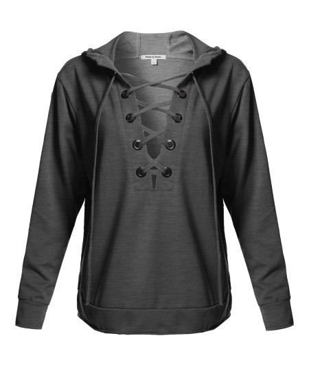 Women's Casual Solid Long Sleeve Front Lace Neck French Terry Hoodie