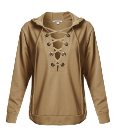 Women's Casual Solid Long Sleeve Front Lace Neck French Terry Hoodie