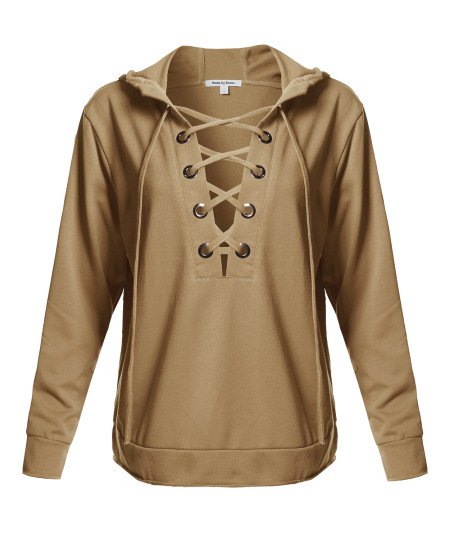 Women's Casual Solid Long Sleeve Front Lace Neck French Terry Hoodie