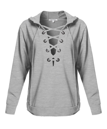 Women's Casual Solid Long Sleeve Front Lace Neck French Terry Hoodie