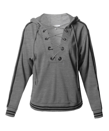 Women's Casual Solid Front Lace Neck  Striped Detail French Terry Hoodie