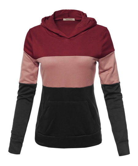 Women's Stylish Hoodie Front Kangaroo Pocket Color Block French Terry Top