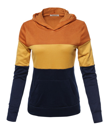 Women's Stylish Hoodie Front Kangaroo Pocket Color Block French Terry Top