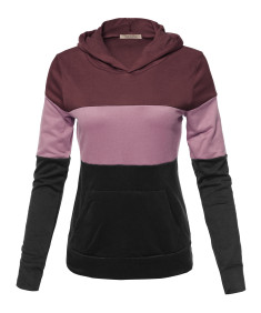Women's Stylish Hoodie Front Kangaroo Pocket Color Block French Terry Top