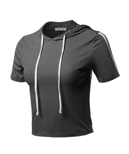 Women's Casual Comfortable Contrast Side Panel  Short Sleeve Hoodie Top