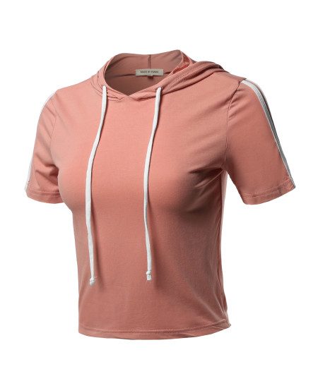 Women's Casual Comfortable Contrast Side Panel  Short Sleeve Hoodie Top