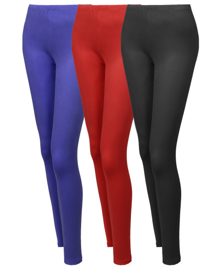 Women's 3 PACK Solid Various Color Full Length Stretchable Leggings