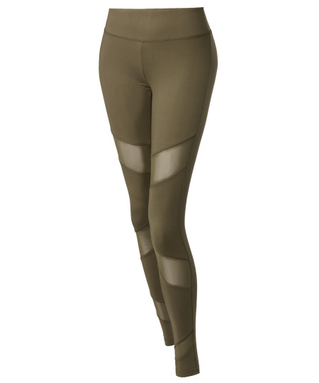 Women's Solid Front Asymmetrical Mesh Panel Detail Leggings