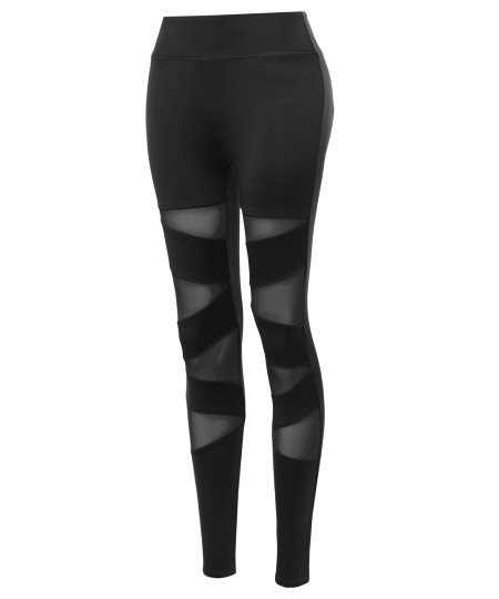 Women's Solid Front Asymmetrical Mesh Panel Detail Leggings