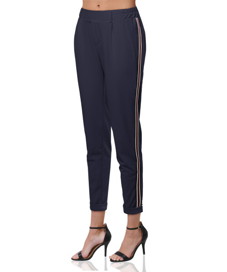 Women's Solid with Striped Elastic Trim Side Detail High Waist Pant