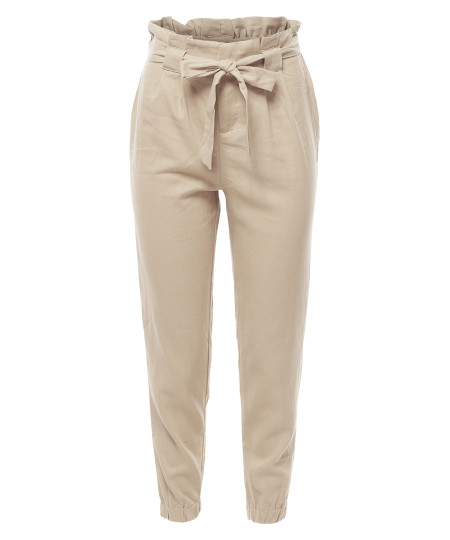 Women's Linen Paper Bag High Waist Pants