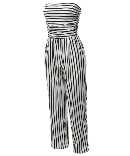 Women's Casual Palazzo Stripe Tube Romper Jumpsuit