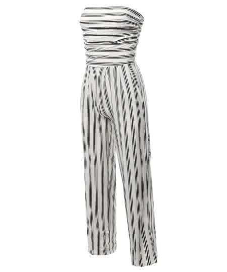 Women's Casual Palazzo Stripe Tube Romper Jumpsuit