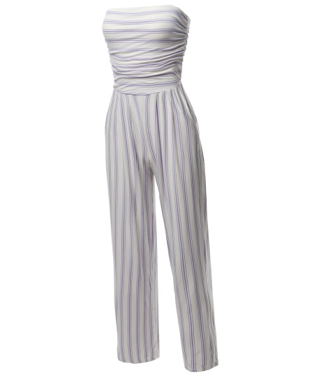 Women's Casual Palazzo Stripe Tube Romper Jumpsuit