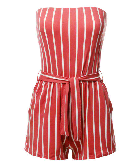 Women's Pinstripe Print Tube Romper Beachwear One-piece Jumpsuit