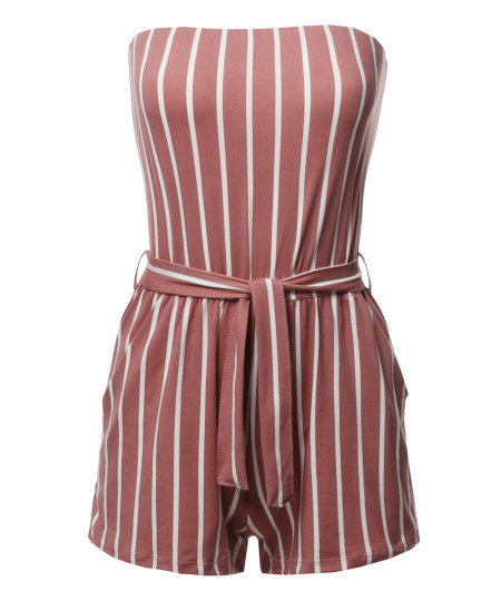 Women's Pinstripe Print Tube Romper Beachwear One-piece Jumpsuit