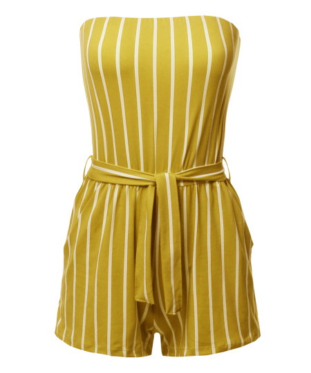 Women's Pinstripe Print Tube Romper Beachwear One-piece Jumpsuit